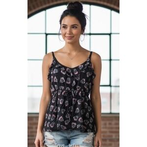 Torrid  Vneck Floral Sugar Skull Ruffle Tank Top Black Size 3X